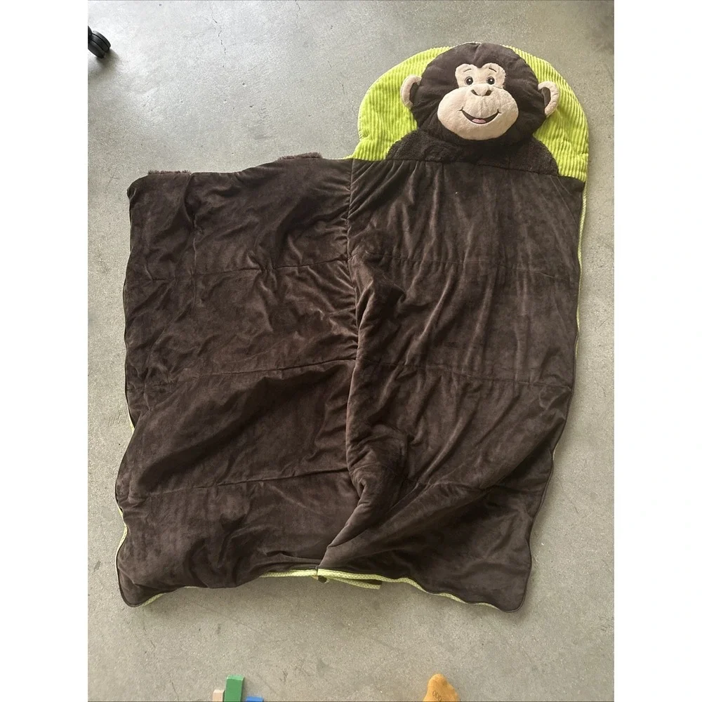 HugFun Sleeping Bag Youth Sz OS Brown/Green Animal Head Monkey Banana Zip Cozy